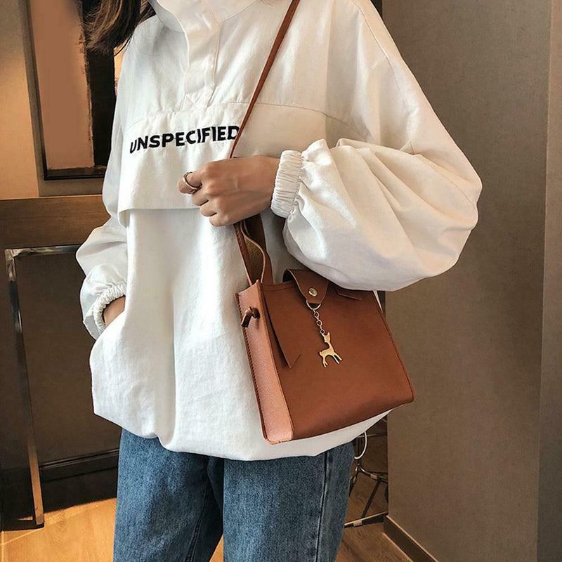 Deer Women Leather Messenger Handbags Casual Pure Mini Shoulder Bags (Brown