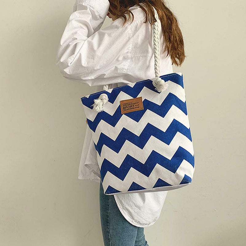 Women Striped Handbag Canvas Large Capacity Shopping Shoulder Bag (Blue) A