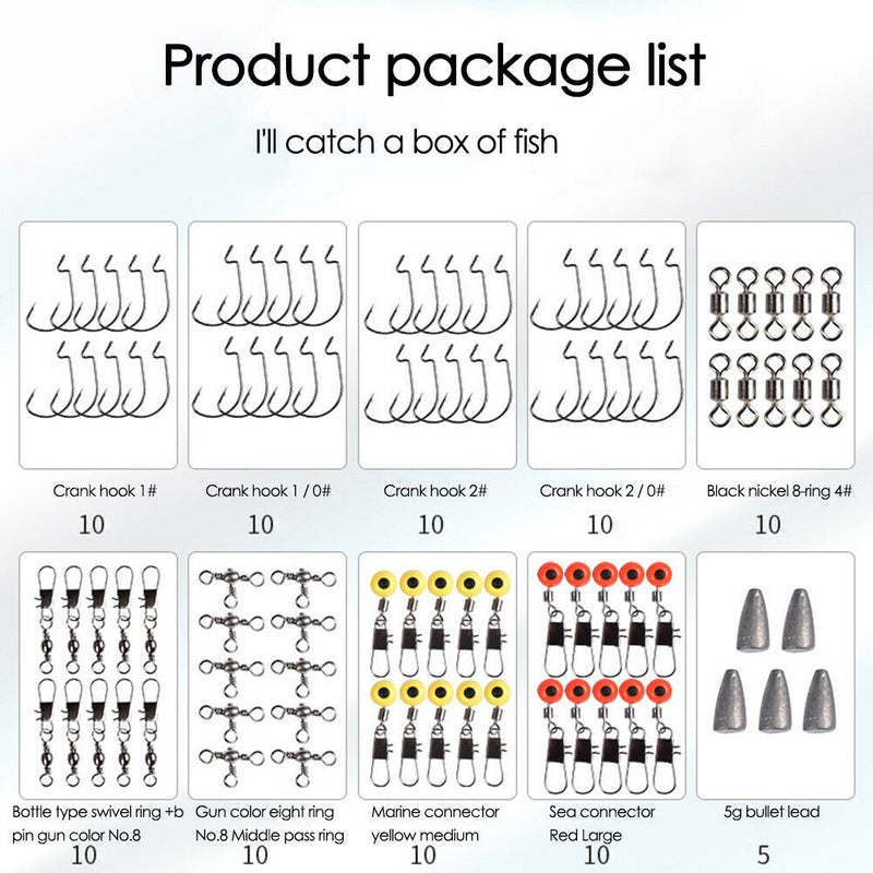 205pcs Fishing Accessories Kit Lead Head Hooks Fishing Swivels Fish Tackle Tool