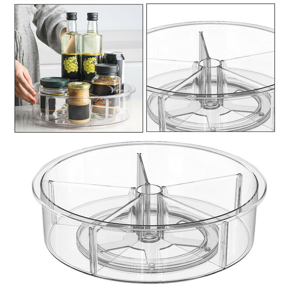 Lazy Susan Divided Turntable Storage Container, Clear Round Organizer Box