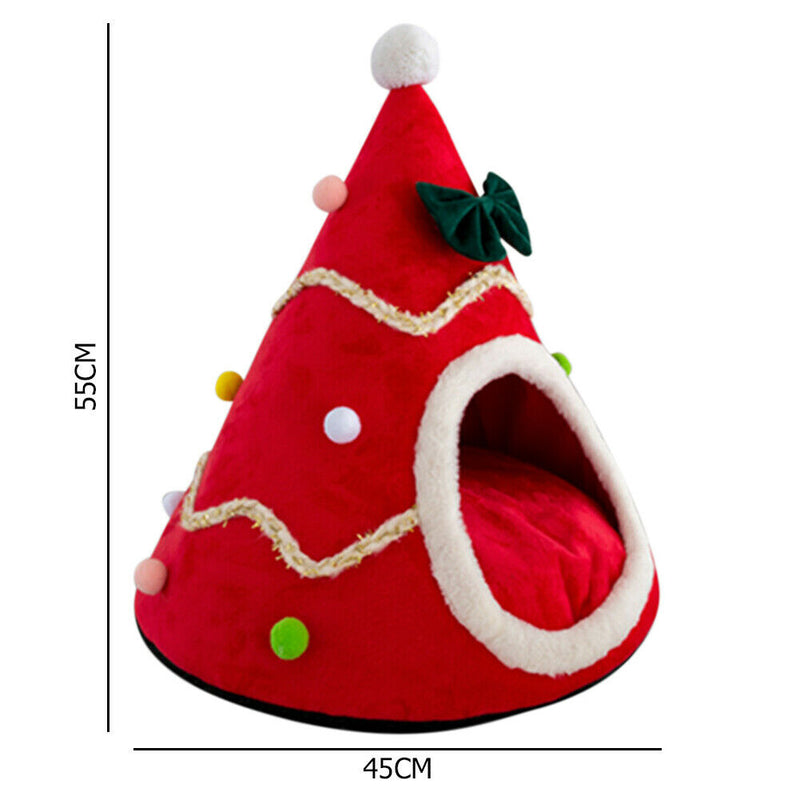 Christmas Tree Shape Dog Cat Bed House Home Warm Sleeping Bed Nest (Red)(M)