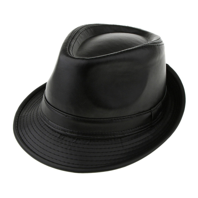 Unisex Retro Faux Leather Pork Pie Hat Classic Gentleman Flat Top Fedora Cap