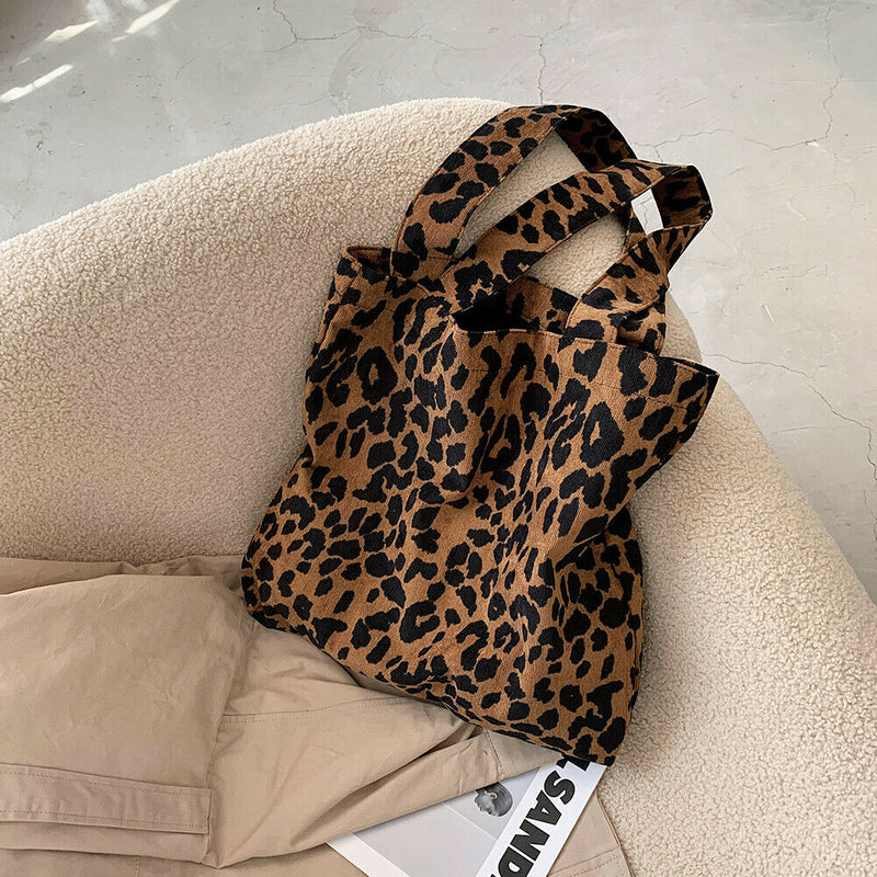 Women Corduroy Handbag Animal Print Big Capacity Shoulder Bag (Leopard)