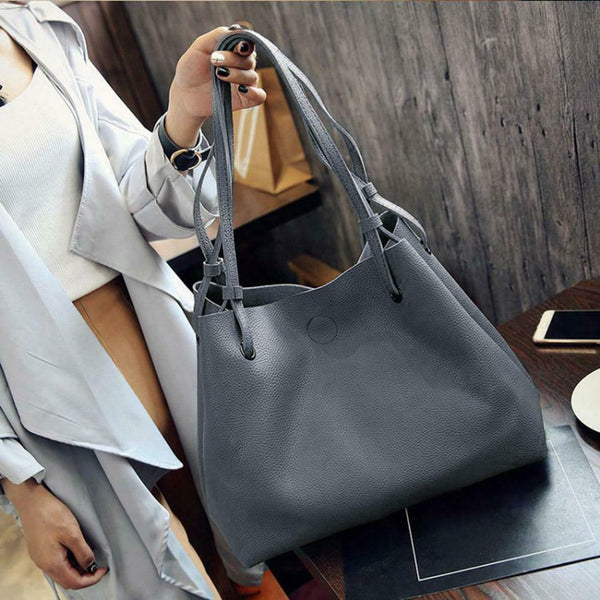 2pcs/set Women Litchi Pattern Shoulder Handbags Solid Color Clutch (Grey) A#S