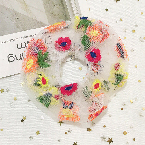 Flower Hair Rope Ties Scrunchies Girls Rubber Band Ponytail Holder (White)