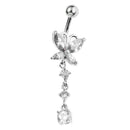 Crystal Butterfly Dangle Ball Barbell Bar Belly Button Navel Ring White