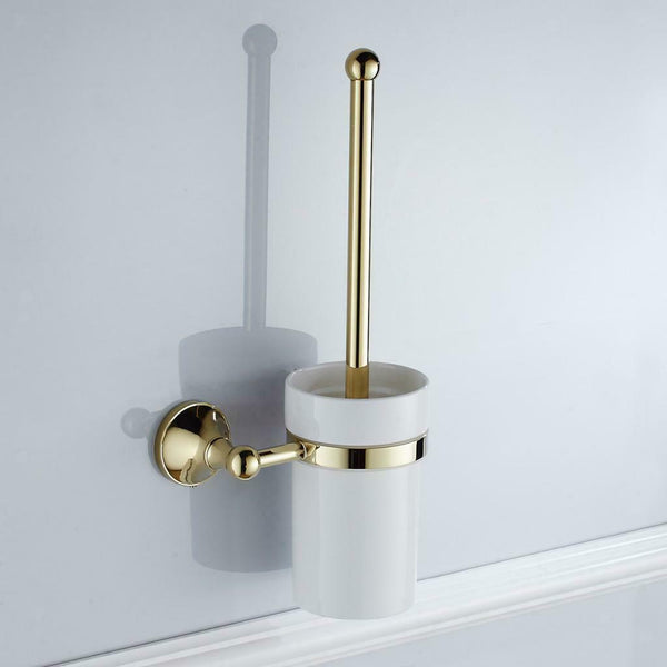 Golden Brass Bathroom Toilet Cleaning Brush Holder Cup Wall Mounted Set 370mm