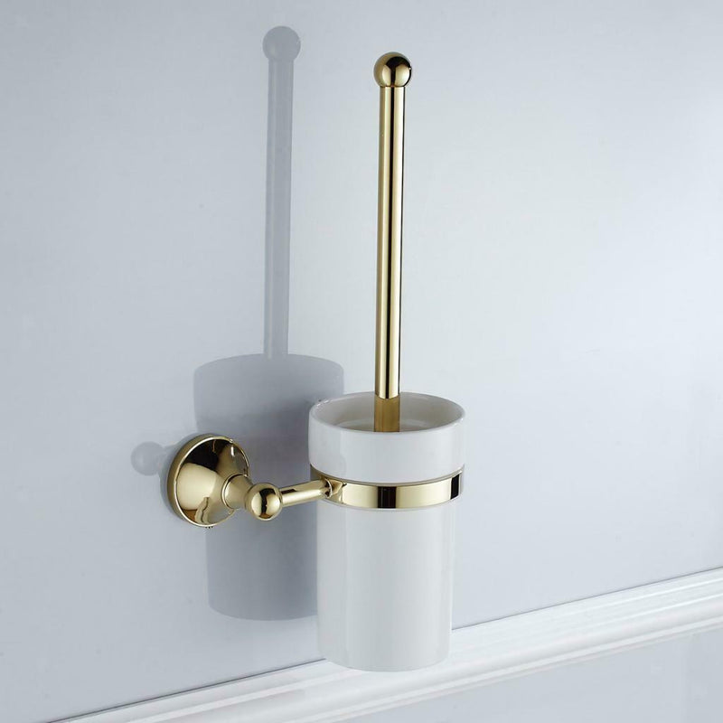 Golden Brass Bathroom Toilet Cleaning Brush Holder Cup Wall Mounted Set 370mm