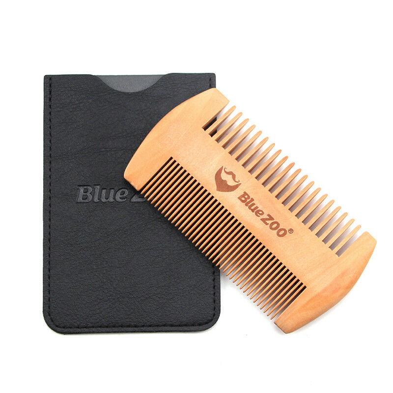 wood natural sandalwood double sided beard styling shaping comb tool with PU 3c