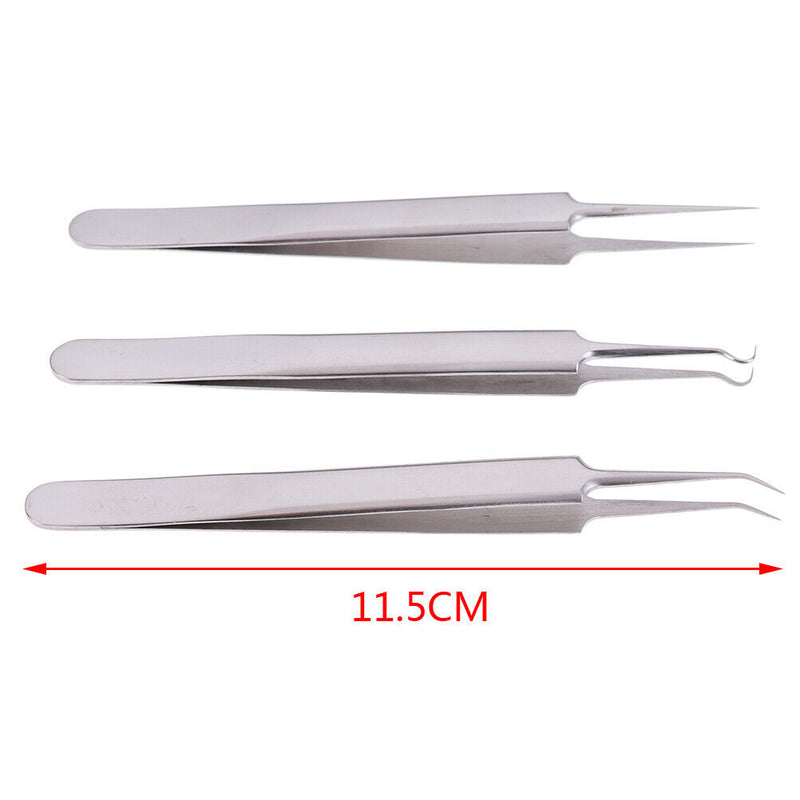 3PCS Precision Tweezers Stainless Steel Curved Fine Tip acne Tweezers Plier FT
