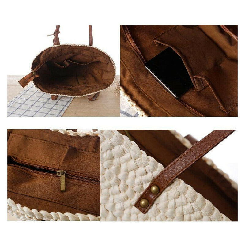 Women Beach Woven Shoulder Bag Holiday Totes Travel Bucket Straw Handbags