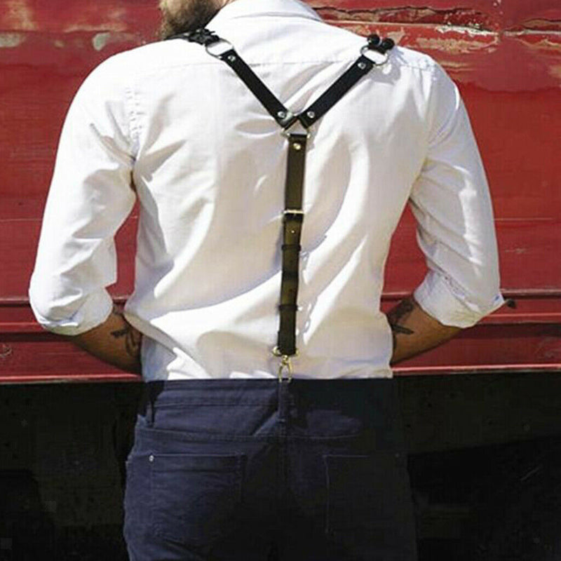 Y-back Adjustable Leather Suspenders Mens Braces
