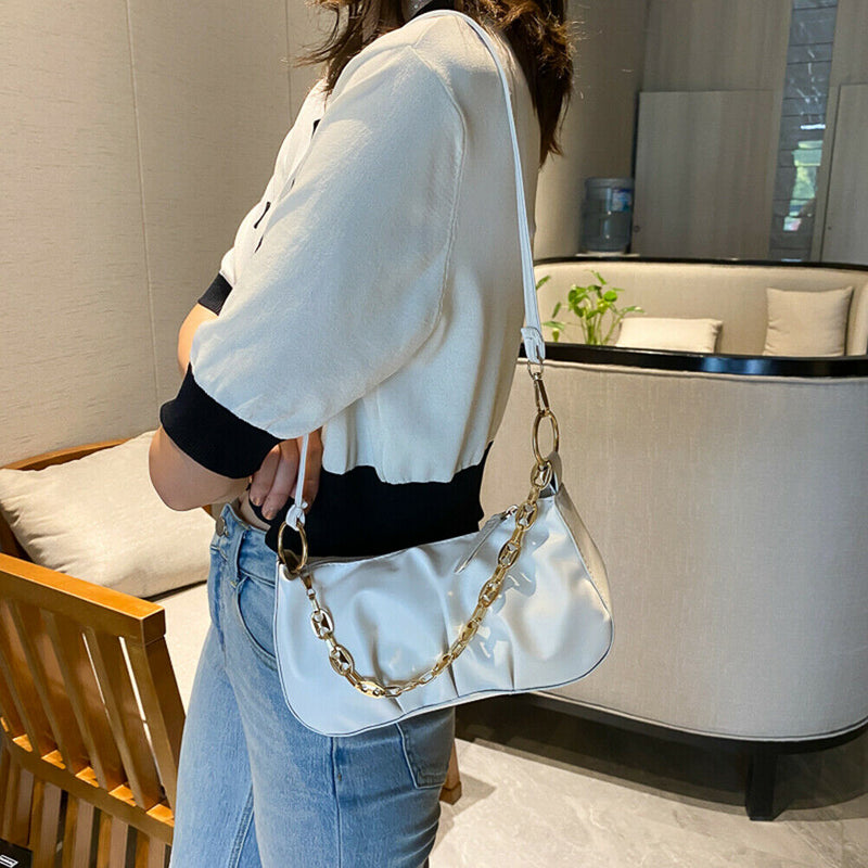Solid Pleated Women Shoulder Bag PU Clear Chain Crossbody Handbag (White)