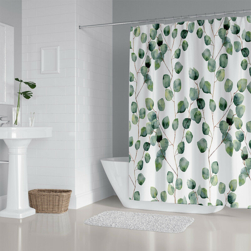 Shower Curtain Watercolor Green Floral Eucalyptus Round Leaves Pattern BrancG4V6