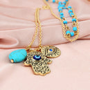 Personality 2 Layers Boho Chain Hamsa Fatima Hand Blue Eye Turquoise Necklace