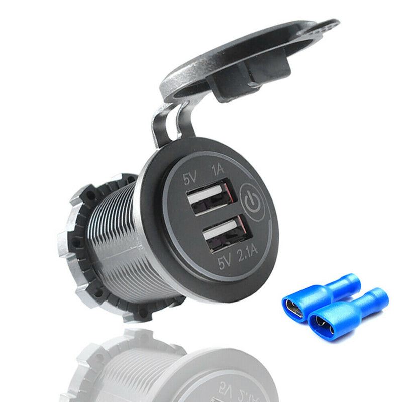 Motorcycle 3.1A Dual USB Charger Socket Outlet with Touch Switch + 2 Terminals