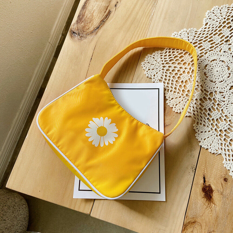 Women Nylon Handbag Flower Portable Totes Girl Travel Shoulder Bag (Yellow) A