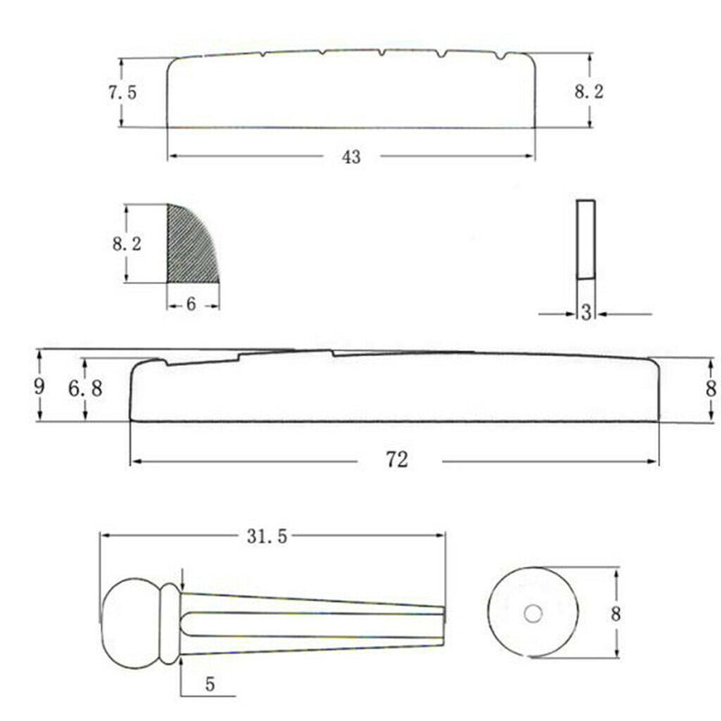 1 Set Bridge Endpins with Slotted Nut Saddle Replacement Set for 6 Strings