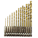 13 Pcs 1/4" Titanium Coated High Speed Steel Drill Set Hex Shank 1.5-6.5mm