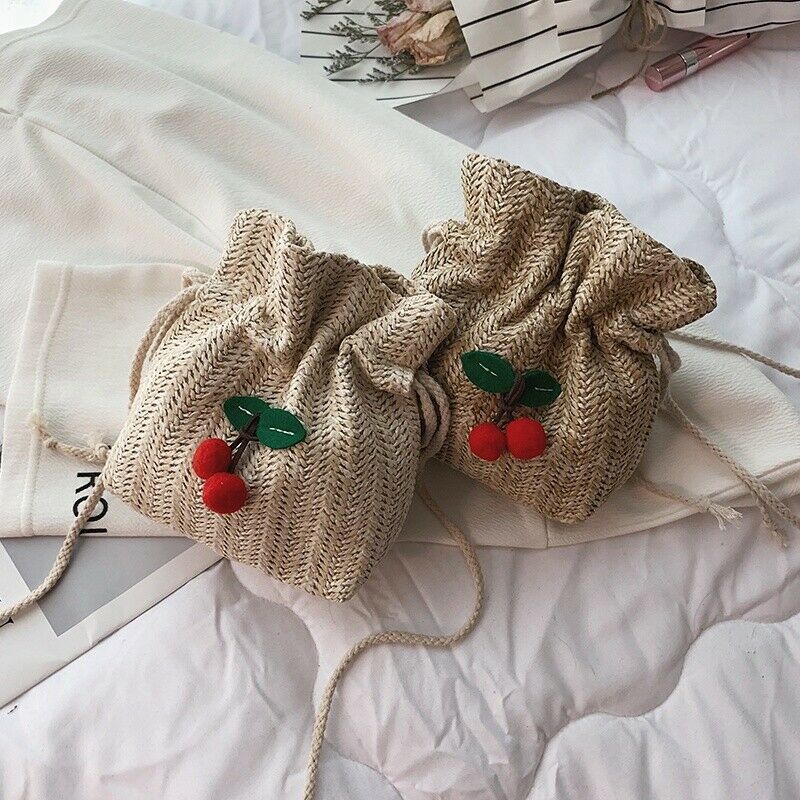 Straw Bag Ladies Beach Bag Personality Messenger Bag Drawstring Cherry Lady W6E6