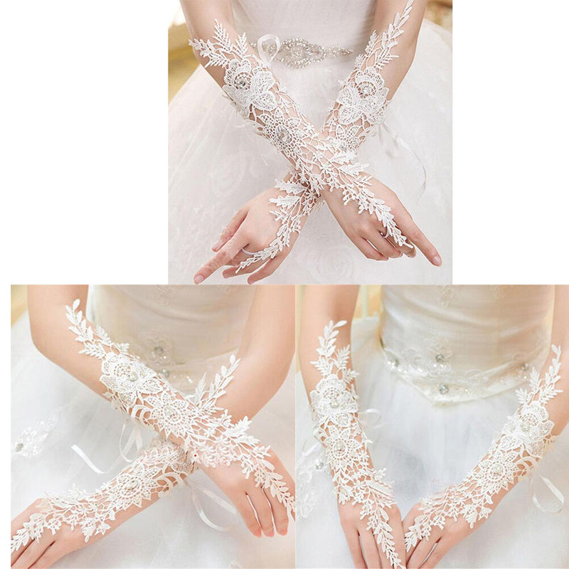 Crystal White Lace Bridal Glove Wedding Party Pageant Long Gloves Fingerless FT