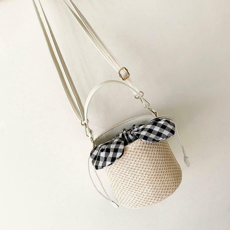 Straw Woven Shoulder Messenger Handbags Women Crossbody Bucket Bags (Beige) A
