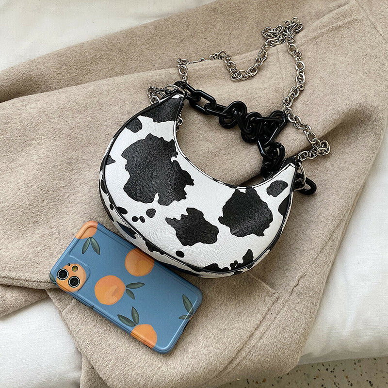 Women Animal Printed Crossbody Bag Crescent Chain Shoulder Handbag (Cow) A