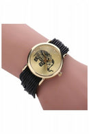 Women's Elephant Dial Braided Wrap Bracelet Wrist Watch Black T6U2