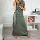 Short Sleeve Women Dress V-neck Binding Women Maxi Dresses (Army Green M)
