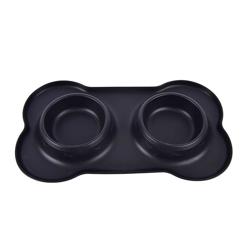 Pet Dog Double Feeder Bowl Stainless Steel Silicone Mat Food Water Bowl SetSEAU