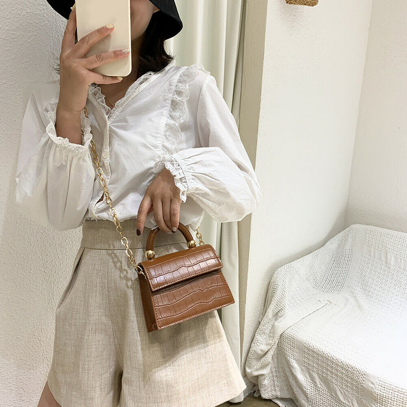 Women Mini Shoulder Bag Alligator PU Tote Chain Crossbody Pouch (Brown)