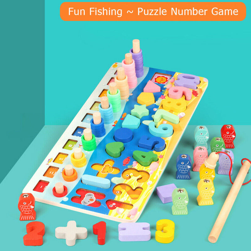 Wooden Kids Number Matching Fishing Board Digital Teaching Math Puzzle Toys