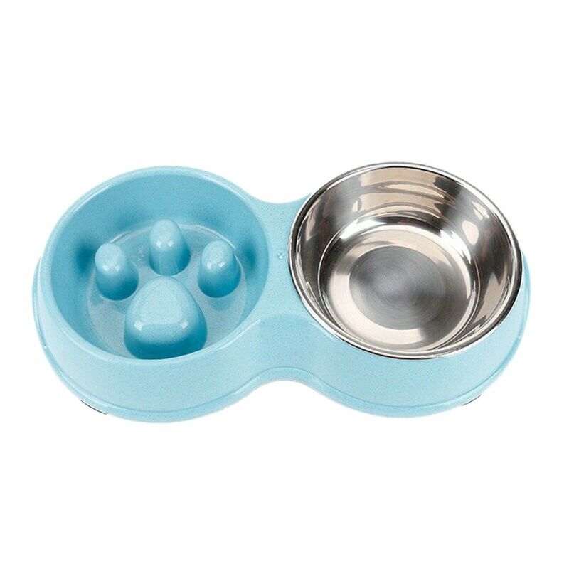 Dog Double Bowl Wheat Straw Stainless Steel Slow Food Pet Bowls Feeding and
