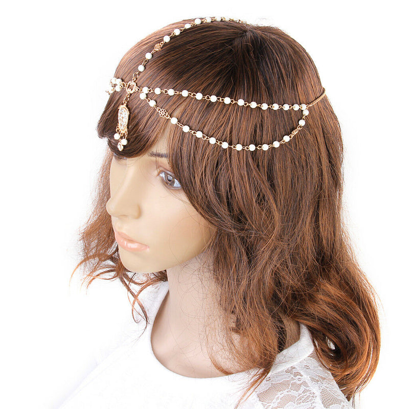 Women Bridal Wedding Boho Beaded Crown Head Chain Headband Hair Piece Hairband