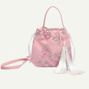 Flower Decor Drawstring Shoulder Bags Women Crossbody Tassel Bag (Pink)