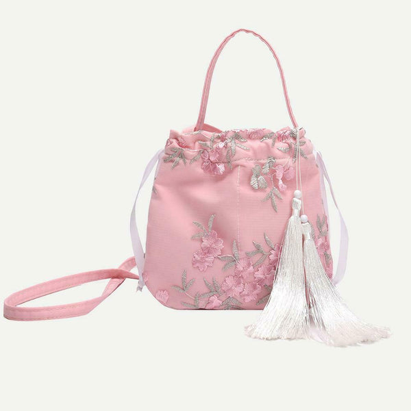 Flower Decor Drawstring Shoulder Bags Women Crossbody Tassel Bag (Pink)