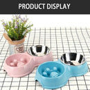 Dog Double Bowl Wheat Straw Stainless Steel Slow Food Pet Bowls Feeding and
