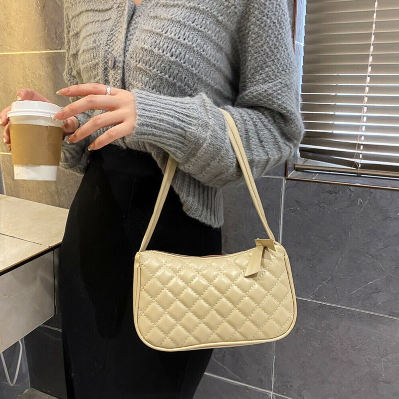 Women Lattice Pattern Shoulder Underarm Bag PU Casual Handbag Totes (Khaki)
