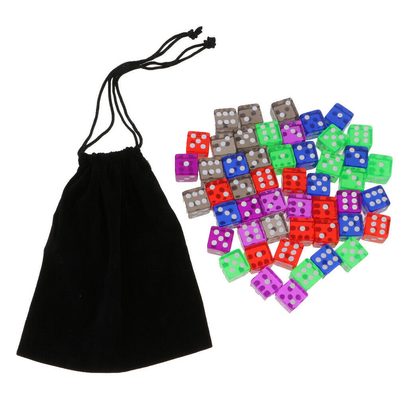 Bag of 50 Pieces of Transparent Dice Set of 5 Colors of 16mm D&D MTG Board Games