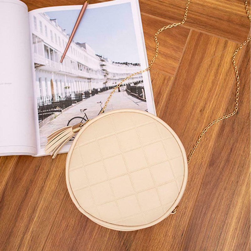 Pure Color Plaid Shoulder Handbags Women Round Tassel Crossbody Bag (Beige) A