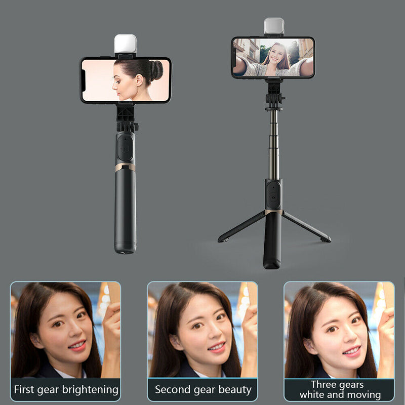 Q03S Aluminum Bluetooth Selfie Stick Tripod w/ Remote Shutter + Fill Light A