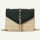 Straw Leather Women Messenger Bag Small Flap Purse Shoulder Handbag (Black)