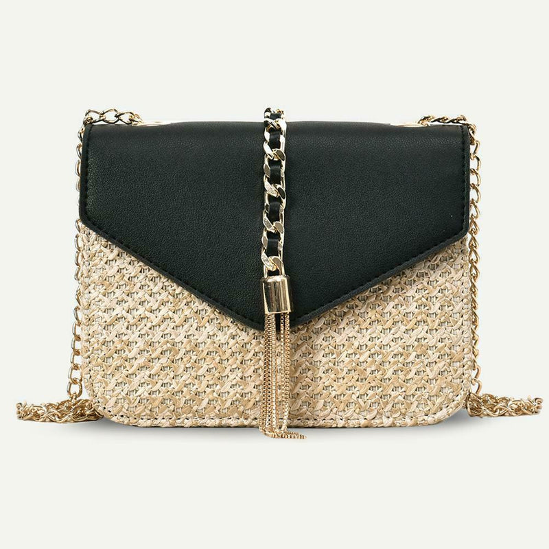 Straw Leather Women Messenger Bag Small Flap Purse Shoulder Handbag (Black)