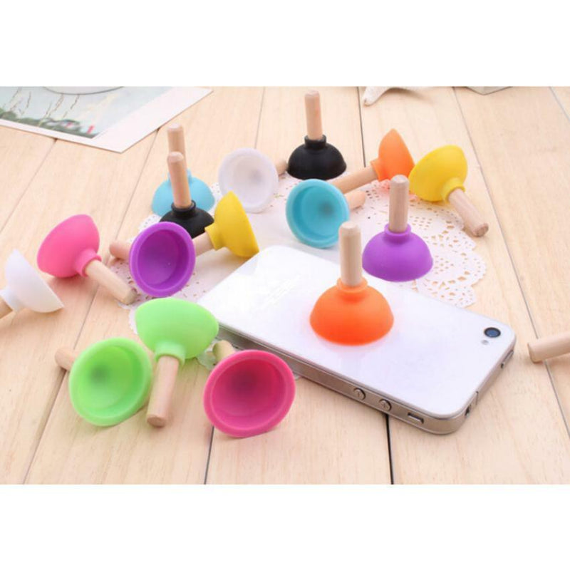 7pc Mini Wooden Hanle Toilet Shape Plunger Rubber Cell Phone Sucker Holder Stand
