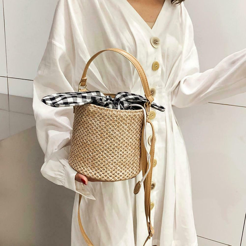 Straw Shoulder Messenger Handbags Women Crossbody Bucket Bags (Light Brown)