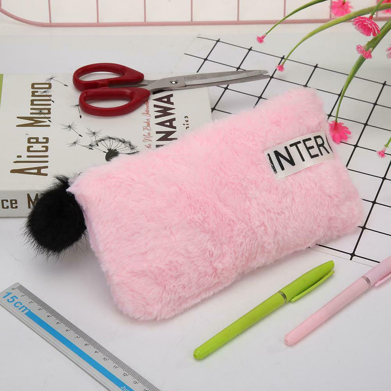 Cute Soft Plush Pencil Bag Stationery Cosmetic Pouch Student Supply (Pink) A