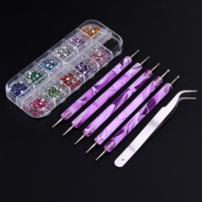 Nail Art Rhinestone+Tweezers Suit Nail Art Decor+5pcs Nail Art Dotting Pen