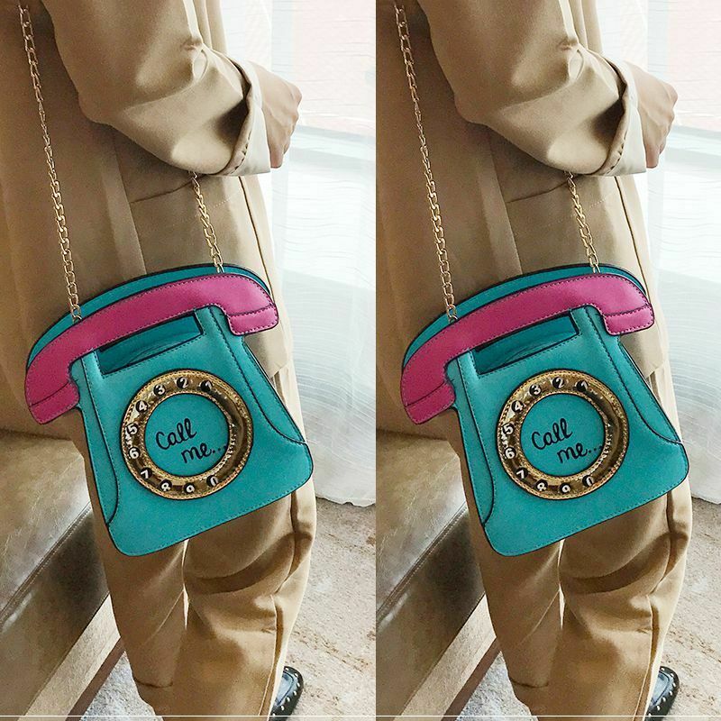 Telephone Shaped Women Retro Cross Body Bag PU Leather Clutch Purse Chain B V1R2