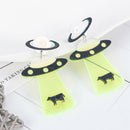Creative Fluorescent Green Alien and UFO Stud Earrings Cute Drop Jewelry