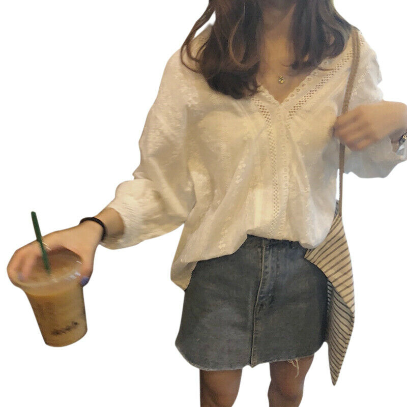 Korean Women Blouse Loose Stitching Hollow Lace V Neck Shirt Crochet Casual To3C